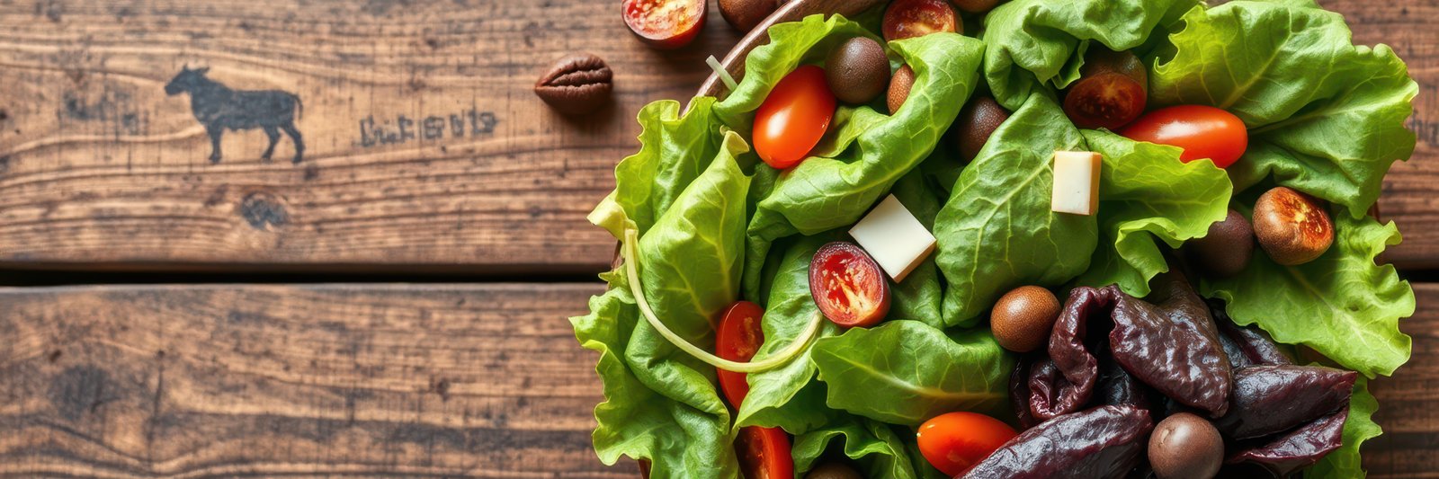 Fresh salad with cherry tomatoes, olives, and leafy greens arranged on a rustic wooden table for a vibrant meal
